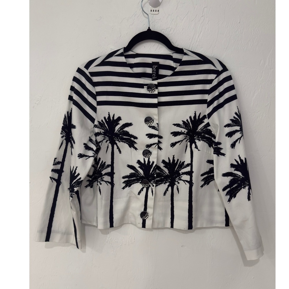 Berek Women Black White Palm Tree Stripe Button Front Tropical Jacket Size M - Picture 3 of 11